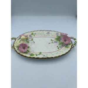 Avon China Vintage Floral Duckling Oval Serving Tray Platter 3D Flowers Gold Rim